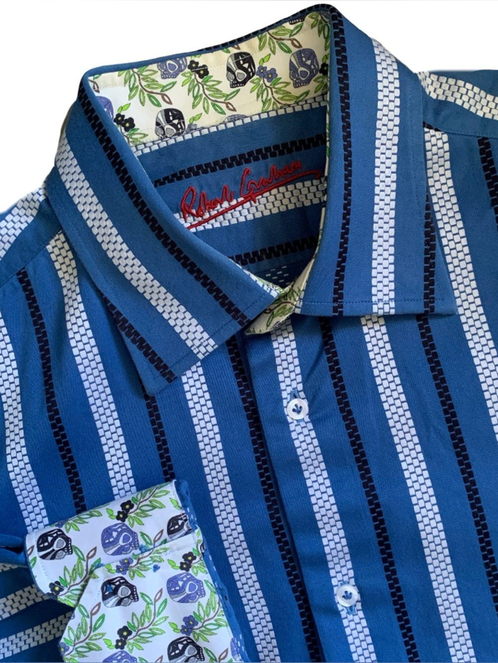 Robert Graham Skull Floral Flip Cuff Striped Button Up Long Sleeve Shirt Size 16